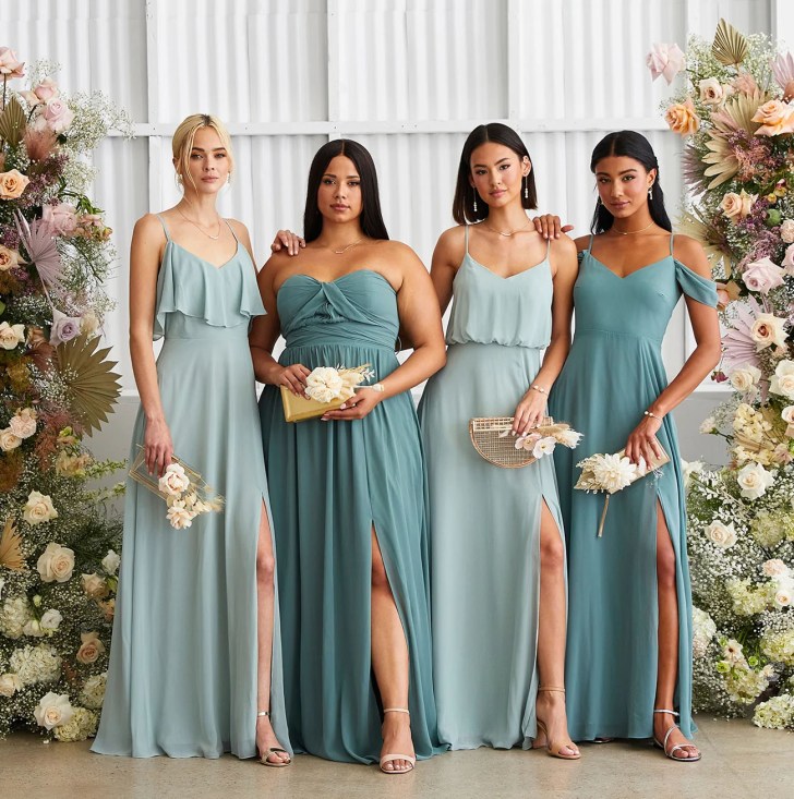 Bridesmaids in teal and aqua Birdy Grey dresses