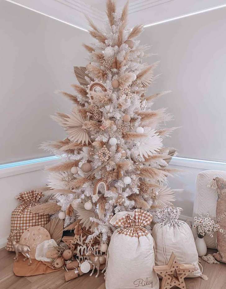 bohemian natural and white pampas grass Christmas tree