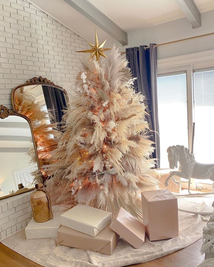 boho light up neutral flower and pampas grass Christmas tree