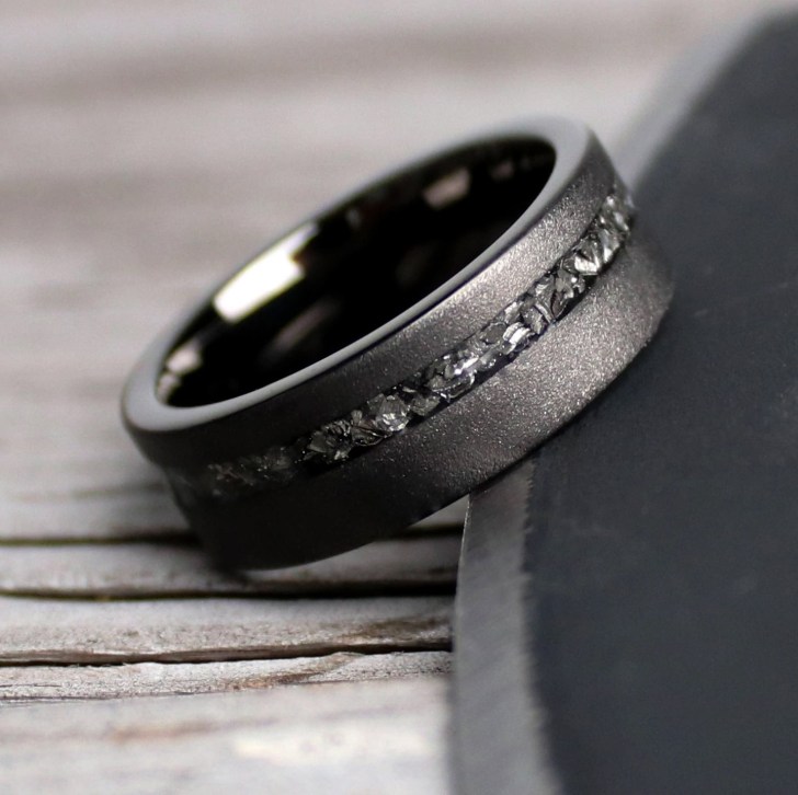 Black meteorite wedding band for men