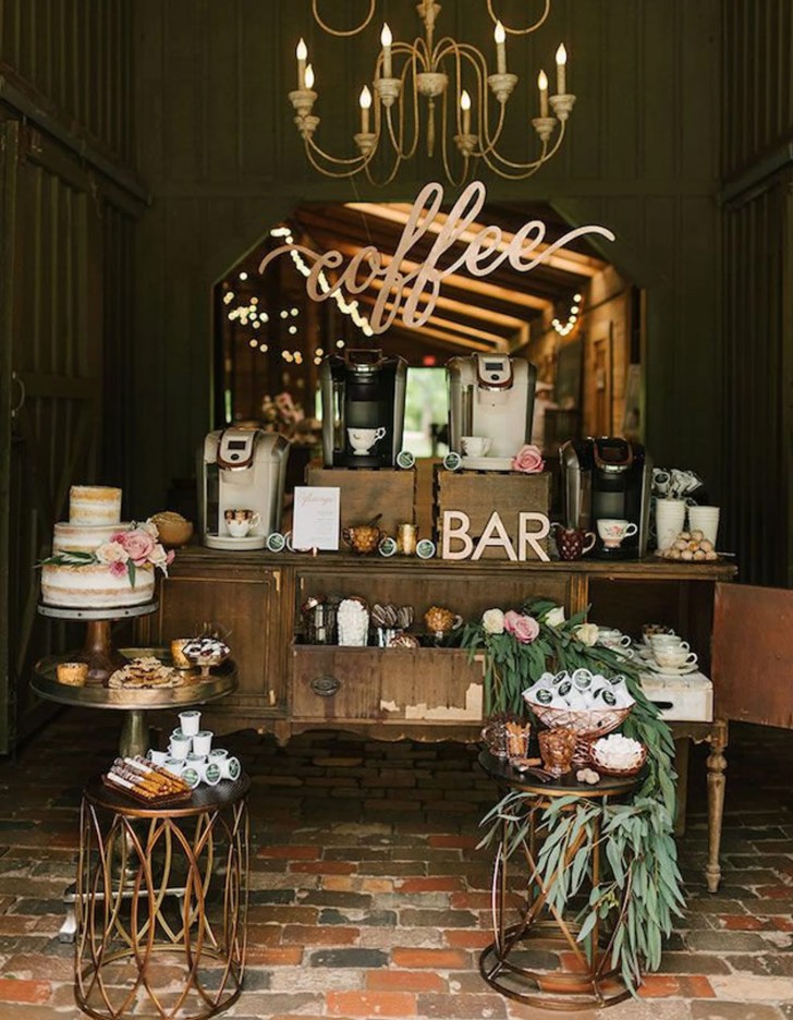 rustic best Christmas wedding ideas coffee bar at wedding reception