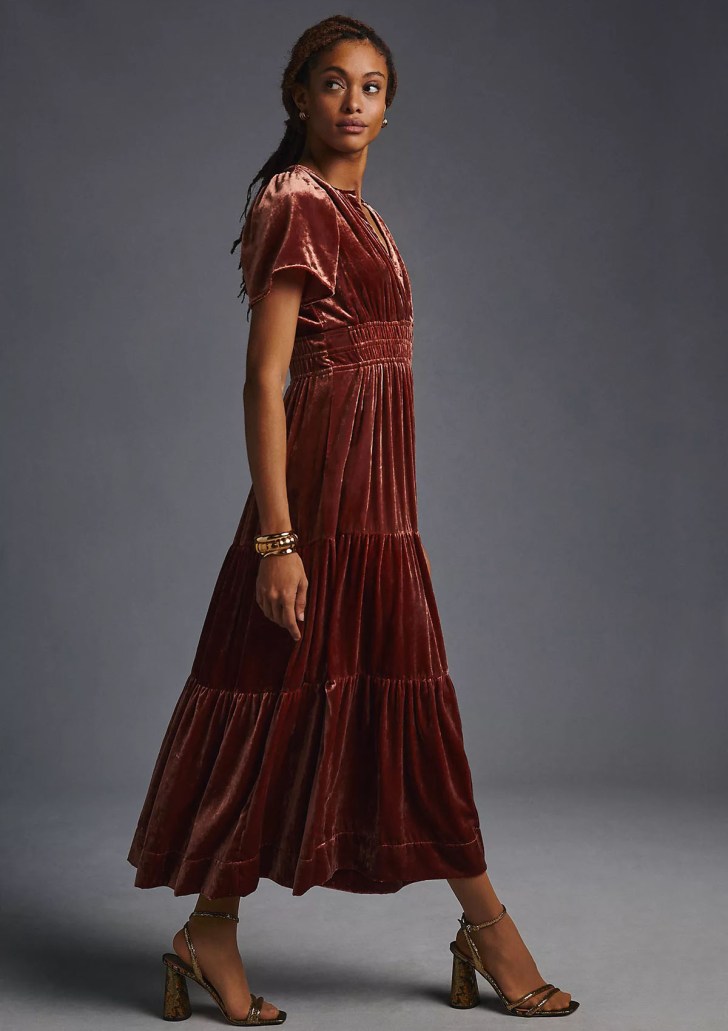 tiered red-ish pink velvet dress best work Christmas party outfits